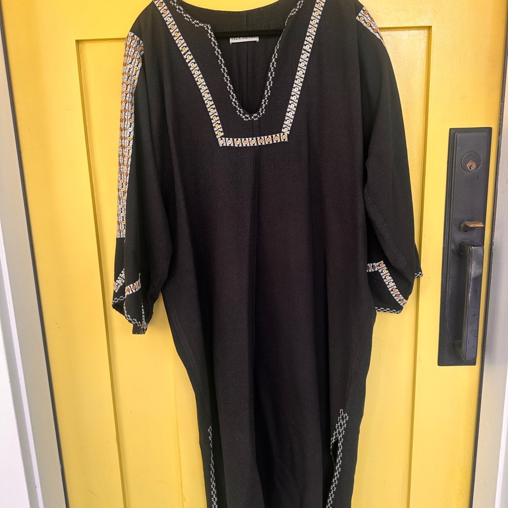 Ulla Johnson Black Tunic Midi Dress with Cream and Gold Embroidery